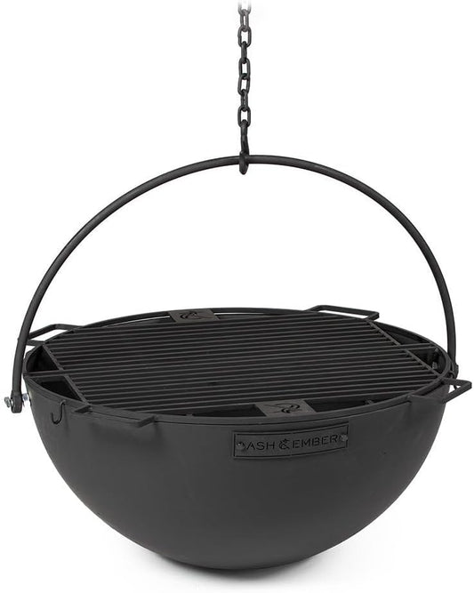 Ash & Ember 30" Cast Iron Cauldron Fire Pit Bowl with Double Hinged Grill Grate-Easy-Lift Handles & Handing Chain, Round Wood Burning Patio Fire Bowl for Backyard Patios