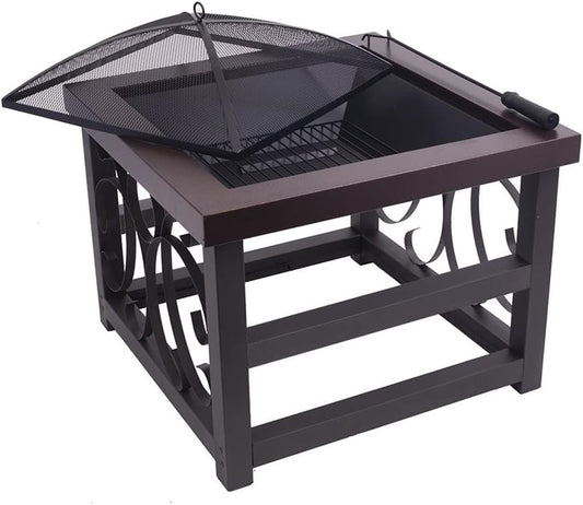 Blue Sky Outdoor Living 28” Square Raised Scroll Fire Pit with Log Grate, Spark Screen, and Lift, Tabletop-Style Steel Fire Pit, Bronze