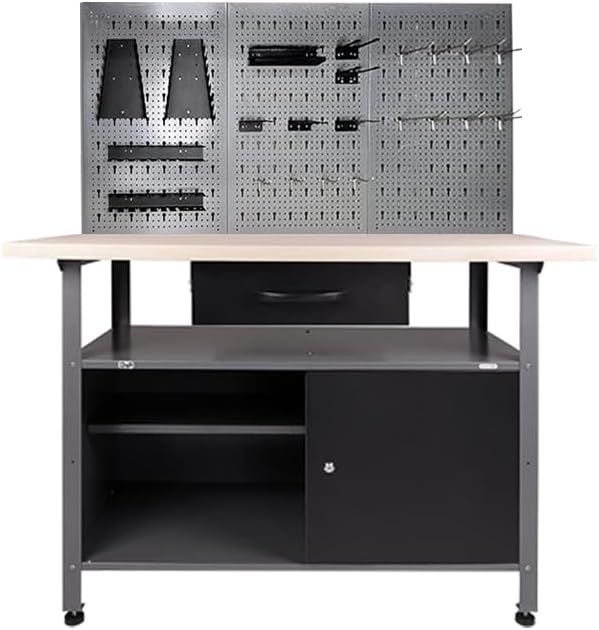 JZD Storage Cabinet with Wood Worktop, Workbench Set with 3 Steel Hanging Pegboards & 22 Tool Holders