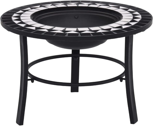 YuuSsea Mosaic Fire Pit Black and White 26.8" Ceramic Steel Outdoor Patio Heater, Round Tabletop Design with Three-Leg Stand, Backyard BBQ Brazier