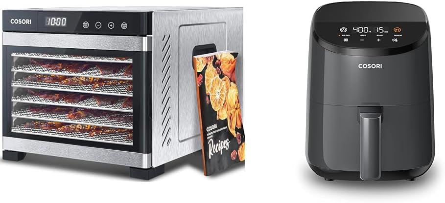 COSORI Food Dehydrator for Jerky, Large Drying Space with 6.48ft², 600W Dehydrated & Mini Air Fryer 2.1 Qt, 4-in-1 Small Airfryer, Bake, Roast, Reheat, Space-saving & Low-noise