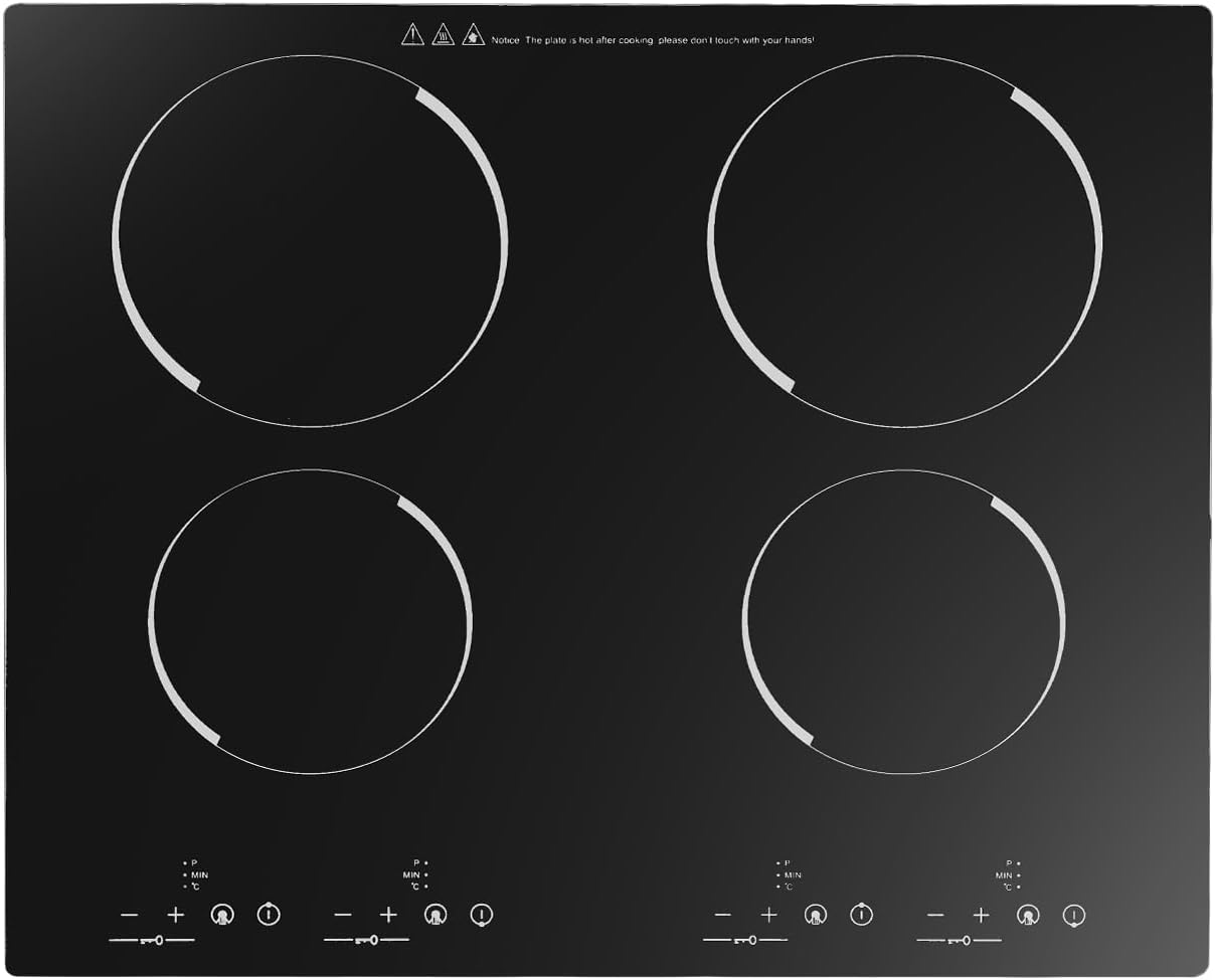 3000W 4-Burner Electric Ceramic Cooktop with 9 Power Levels & Safety Lock, Built-in/Countertop Infrared Stove Top for Home & Commercial Kitchens, 110V Black Glass Cooktop