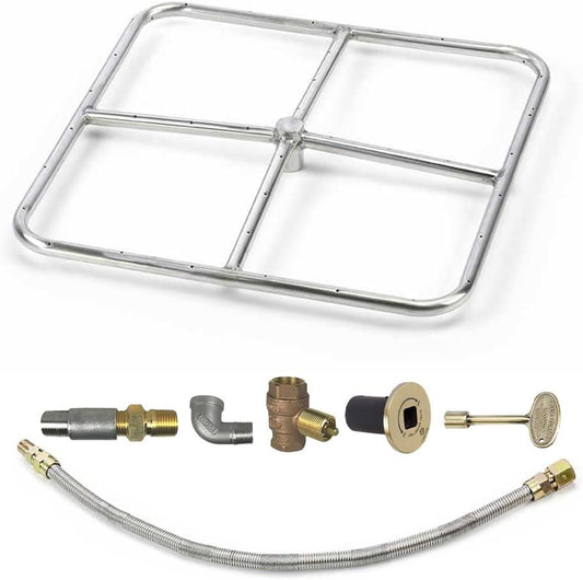 HPC Square Match Lit Fire Pit Burner Kit with 18x18-Inch Stainless Steel Burner and 24x24-Inch Flat Pan, Natural Gas, Polished Chrome, with Flange, Key, Valve, Flex Line and Fittings