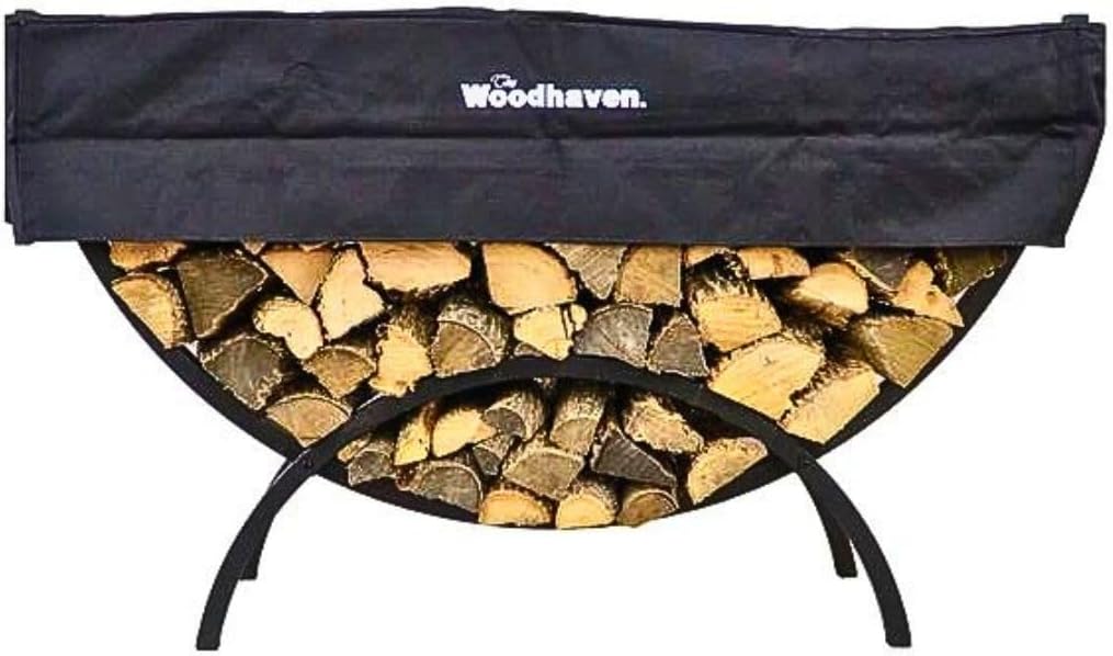 Woodhaven 5 Foot Black Crescent Firewood Rack With Cover - Heavy Duty Made In USA - Powder Coated Steel Wood Holder