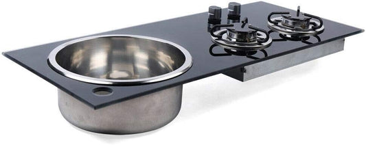 Fetcoi Boat Caravan RV Camper Cooker 2 Burners LPG Gas Stove Hob & Sink Combo Black (GR-216B)
