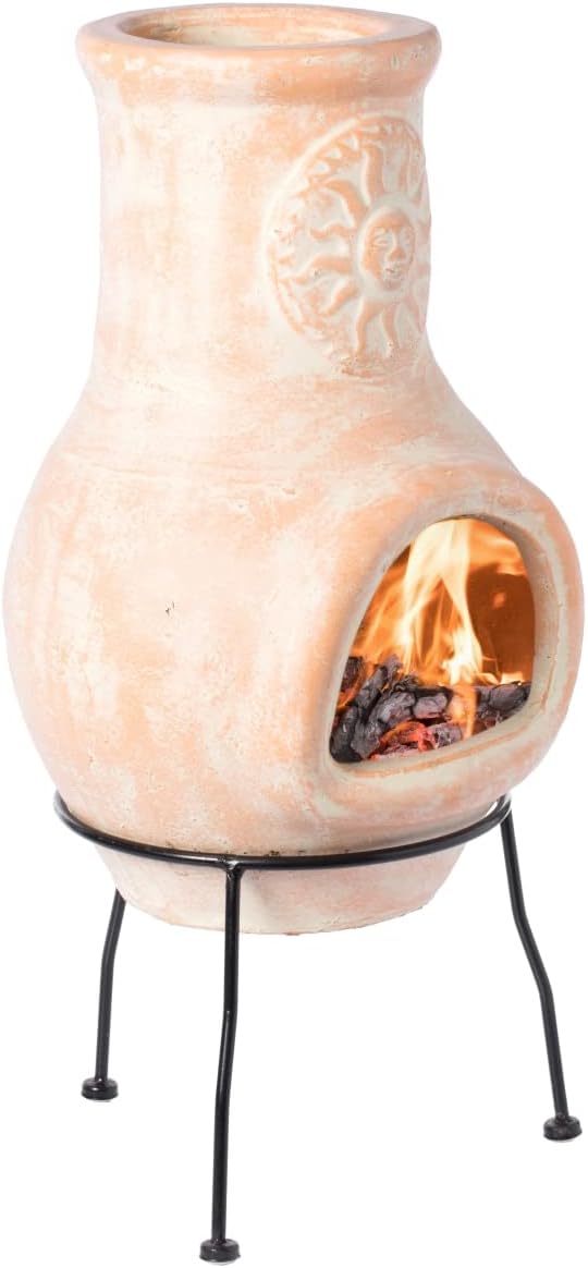 Outdoor Clay Chiminea Sun Design Charcoal Burning Fire Pit - Beige - 12 x 25.50 in.