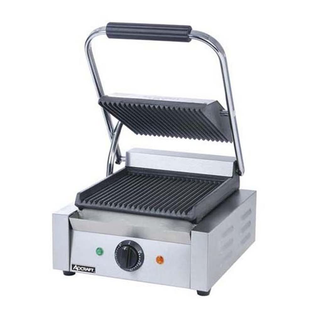 Adcraft SG-811 Grooved Electric Sandwich Grill, Panini Press with Cast Iron Grooved Plates Stainless Steel, 1750-Watts, 120v, NSF