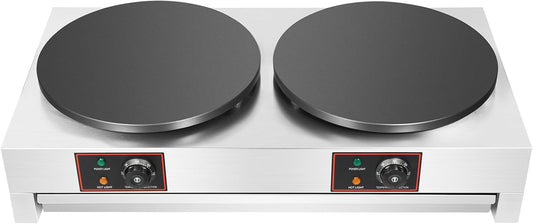 Electric Crepe Maker, 16-Inch Double Head Commercial Crepe Machine, Non-Stick Stainless Steel Pancake Baking Pan, 122~572℉ Temperature Adjustment for Tortillas and Pancakes