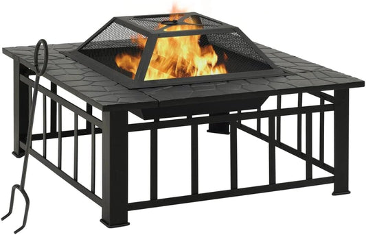 Garden Fire Pit with Poker, 31.9"x31.9"x18.5" XXL Steel Outdoor Patio Heater, Mesh Cover, Log Rearranger, for Backyard Bonfire