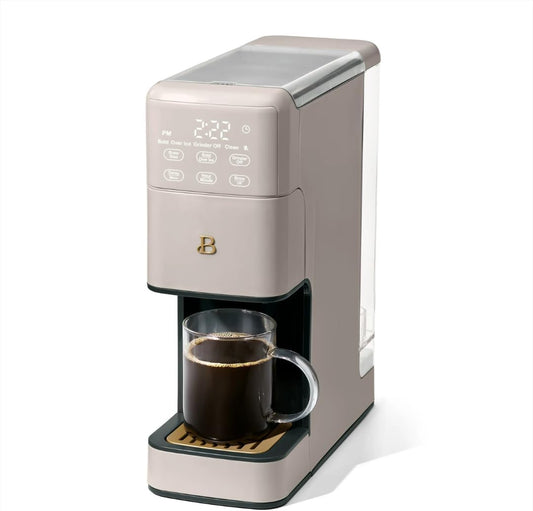 Beautiful Perfect Grind Programmable Single Serve Coffee Maker by Drew Barrymore, Built-In Burr Grinder, 6 Brew Sizes, 3 Strength Settings, Touch Display, Reusable Filter (Porcini Taupe)