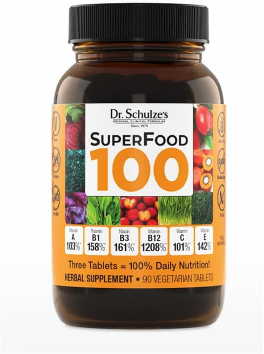 Dr. Schulze's Superfood 100 | Vitamin & Mineral Herbal Concentrate | Dietary Supplement | Daily Nutrition & Increased Energy | Gluten-Free & Non-GMO | Vegan & Organic | 90 Tabs
