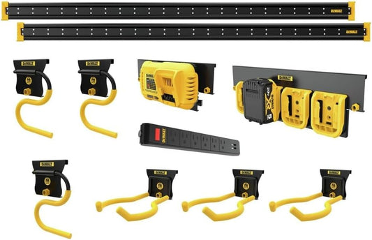 DEWALT Tool Organizer, Wall Mount, Kit for Lawn & Garden Tools, Includes Hooks, 2 Metal Rails, Charger Mount and Magnetic Power Strip, DEWALT Workshop Storage System Compatible (DWST82826)