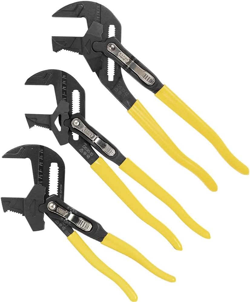 Klein Tools D53003KIT Plier Wrench Set, 3-Piece High-Leverage Pliers, Adjustable, Reversible Jaw, Smooth and Knurled Teeth, 7-Inch 10-Inch and 12-Inch