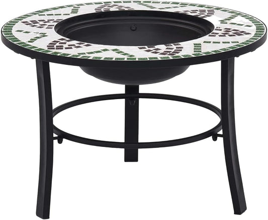 Mosaic Fire Pit Green Steel Fire Pit Bowl with Grid and Tabletop for Outdoor Heating and BBQ Use 26.8" Ceramic