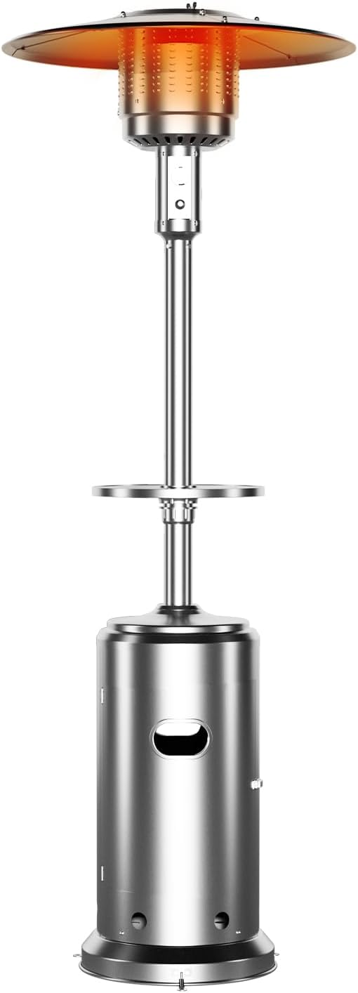48,000 BTU Portable Propane Patio Heater with Wheels, Stainless Steel Gas Heating Unit with Stainless Steel Burner, Tip-Over Protection and Adjustable Height for Patio, Garden & Camping