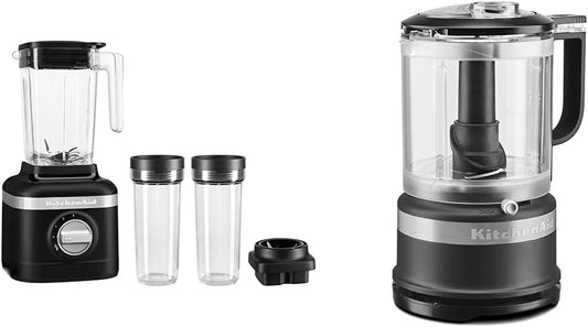 KitchenAid K150 3 Speed Ice Crushing Blender with 2 Personal Blender Jars - KSB1332Y,Black Matte, 48 oz & 5 Cup Food Chopper - KFC0516,Matte Black