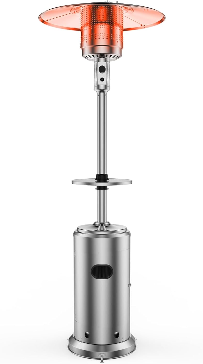 48,000 BTU Outdoor Patio Heater with Round Cover, Removable Wheels, Portable Propane Burner with Stable Sandbox, Stainless Steel Gas Fire Tower, for Patios, Balconies, Camping, and Parties