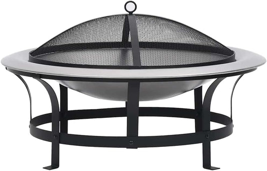 SKM Outdoor Fire Pit with Grill Stainless Steel 29.9",Black (Weight 21.89KG)