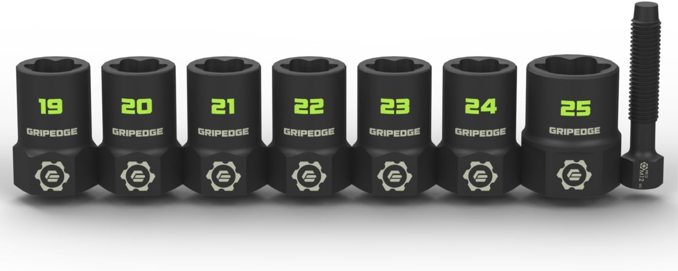 GRIPEDGE Tools | 7-PC – 1/2'' Drive Metric RPT Socket Extractor Set | Sizes 19 – 25 MM | Removes Broken Studs, Stripped Bolts and Lug Nuts | Includes Premium EVA Foam Storage|