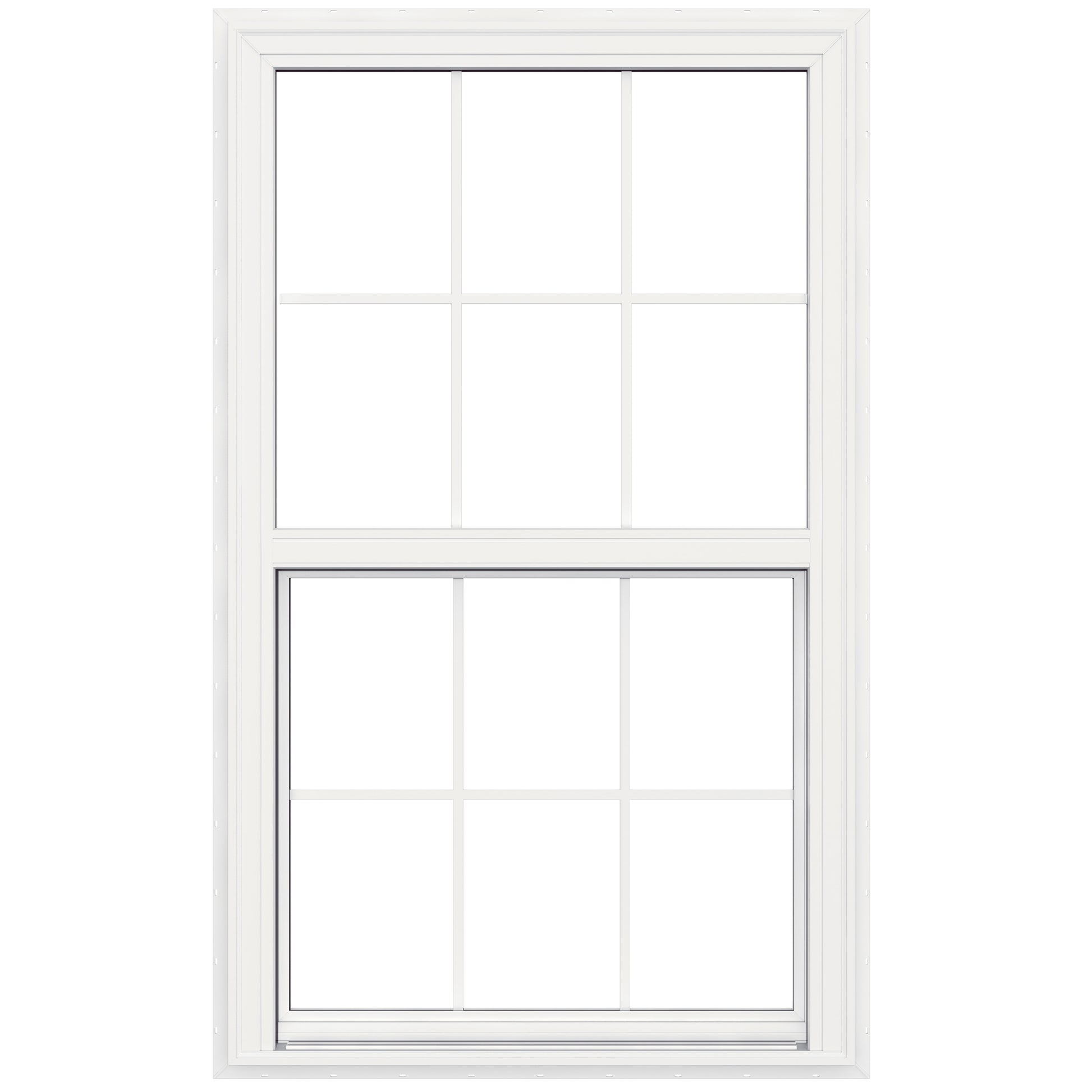 JELD-WEN V-2500 White Exterior Vinyl New construction Single Hung Window Low-E argon Double Pane Glass with Grids, (Half Screen Included)