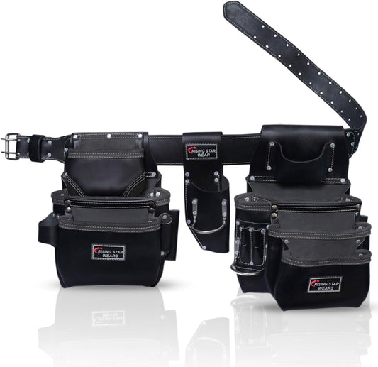 RISING STAR WEARS PURE BLACK LEATHER TOOL BELT POUCH PERFECT FOR CARPENTERS, PLUMBERS, ELECTRICIANS, GARDENERS AND CONSTRUCTION WORKERS MULTIPURPOSE 18 POCKETS POUCH WITH FRAMING TOOL BAGS