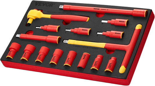VEVOR Insulated Socket Set, 16-Piece Insulated Wrench Tool Set, 1000V Insulated Socket Tool, with Insulated Sockets, Insulated T-Handle Wrench, Drive Rachet, Extensions, for Electricians Home Repair
