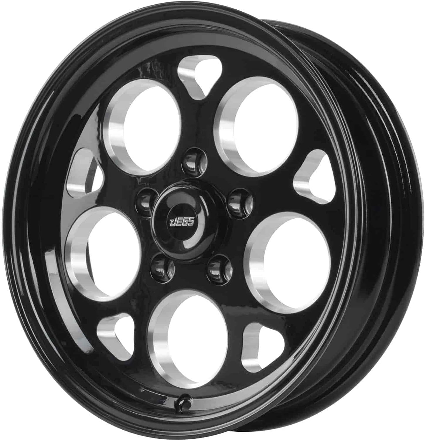 JEGS SSR Mag Wheel 15” x 4” | 5 x 4.75” Wheel Bolt Pattern Spacing | 1.75” Backspacing | Gloss Black Powder Coat | 3.27” Center Bore | Includes Center Cap