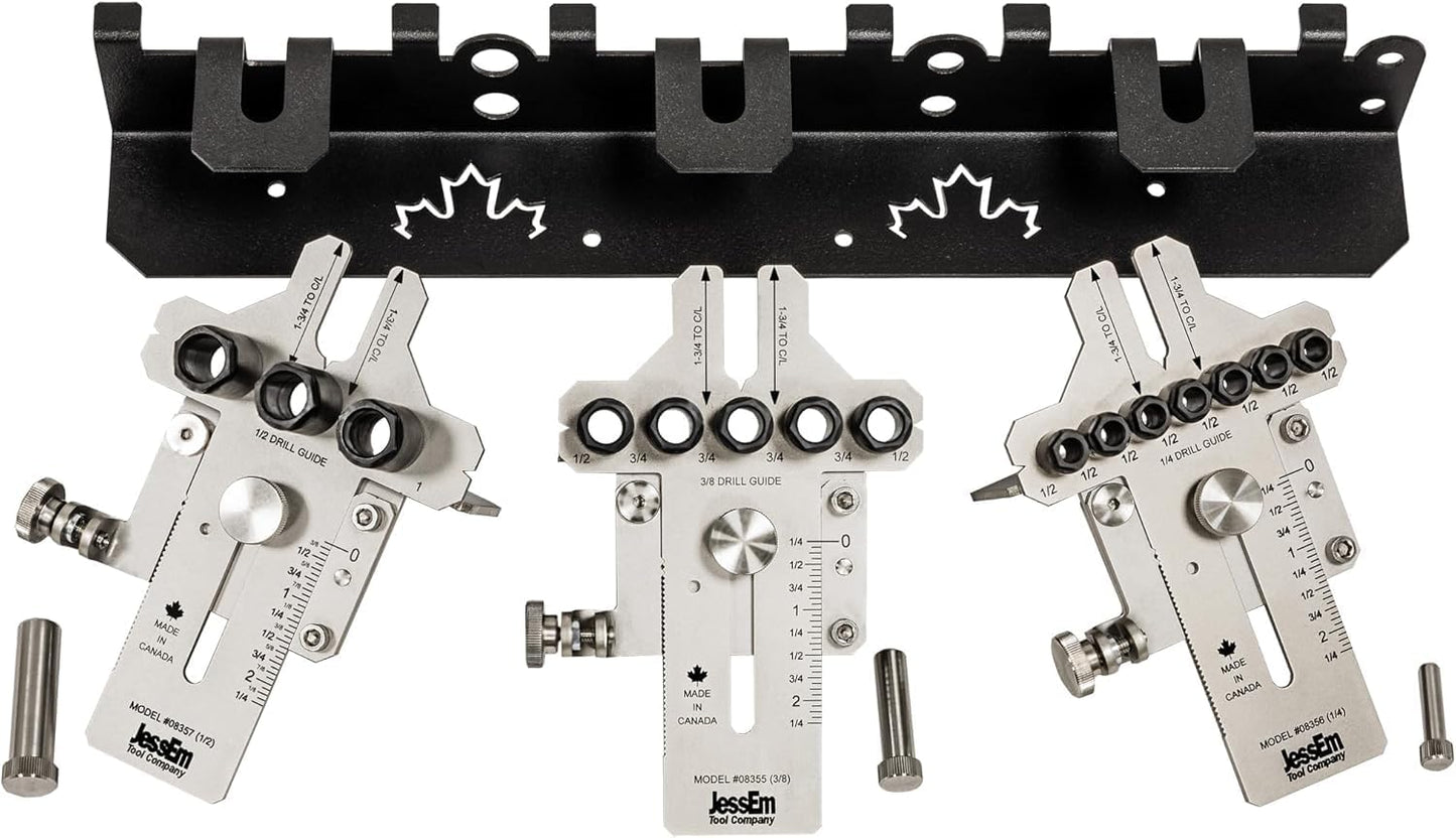 JessEm 08358 Seasoned Pro Stainless Steel Dowelling Jig Complete Kit with 1/4", 3/8" and 1/2" Guides, Three Angle Bases, Wall Bracket, Precision Woodworking Joinery Tool