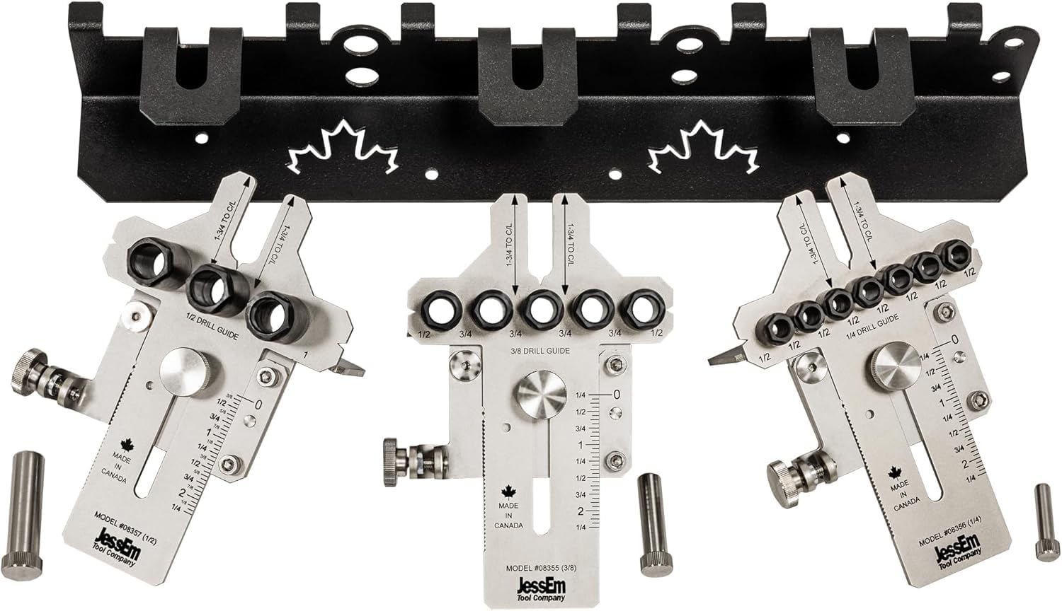 JessEm 08358 Seasoned Pro Stainless Steel Dowelling Jig Complete Kit with 1/4", 3/8" and 1/2" Guides, Three Angle Bases, Wall Bracket, Precision Woodworking Joinery Tool
