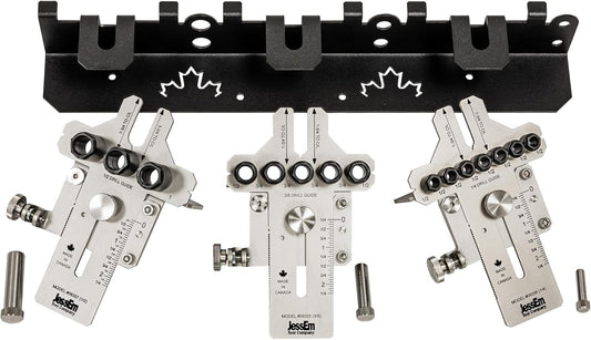 JessEm 08358 Seasoned Pro Stainless Steel Dowelling Jig Complete Kit with 1/4", 3/8" and 1/2" Guides, Three Angle Bases, Wall Bracket, Precision Woodworking Joinery Tool