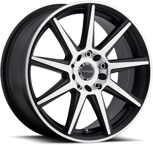 Raceline Wheels 144M Storm Wheel Black W\/Machined Finish 16X7"5X100\/5X114.3 Bolt Pattern +40mm Offset\/(5.57"B\/S) 9 Spoke Aluminum Passenger Car Wheels, Full Size Replacement Black Car Rims