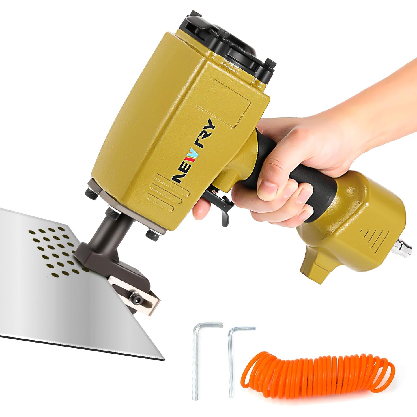 NEWTRY 10.0mm Pneumatic Hole Puncher Air Metal Hole Punch Tool for Stainless Steel Sheet Aluminum Steel Plate Heavy Duty Air Puncher for Doors & Windows (10.0mm Hole Puncher+ 6m Spring Tube) (10.0mm)