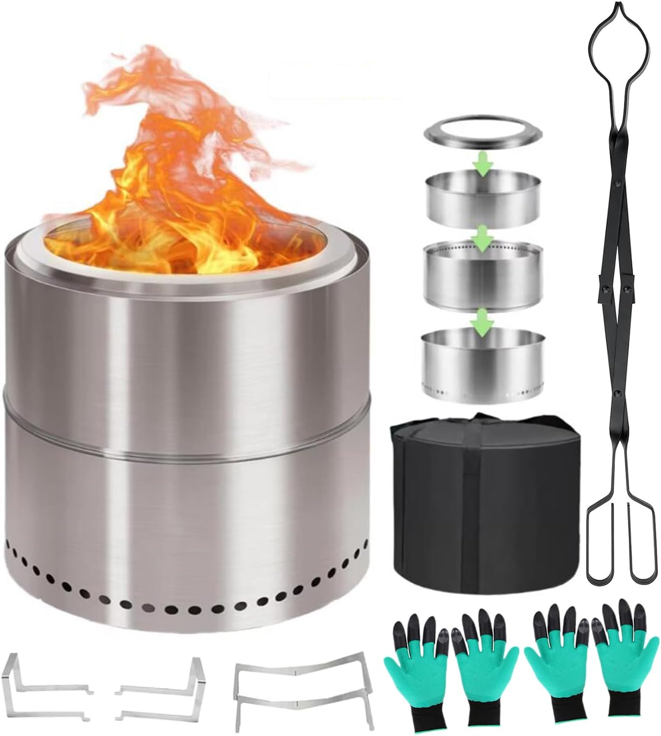 Large Smokeless-fire-Pit Outdoor | 19 in | 304 Stainless-Steel-Firepit |for Outside, Camping | Low Smoke Stove | Wood Burning Chimenea, Inclu. Bag, 1 Fireplace Tongs, 2 Gloves