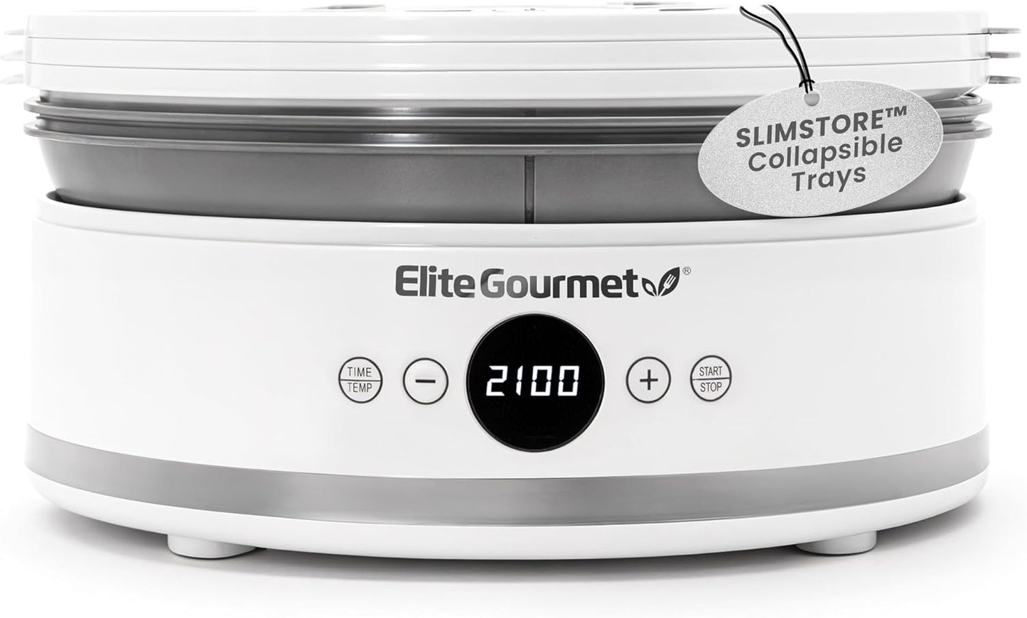 Elite Gourmet EFD329WD Digital Food Dehydrator with 5 BPA Free SlimStore™ Collapsible Trays for Compact Storage, Adjustable Timer and Temperature Controls, Jerky, Herbs, Fruit, Veggies, Snacks, White