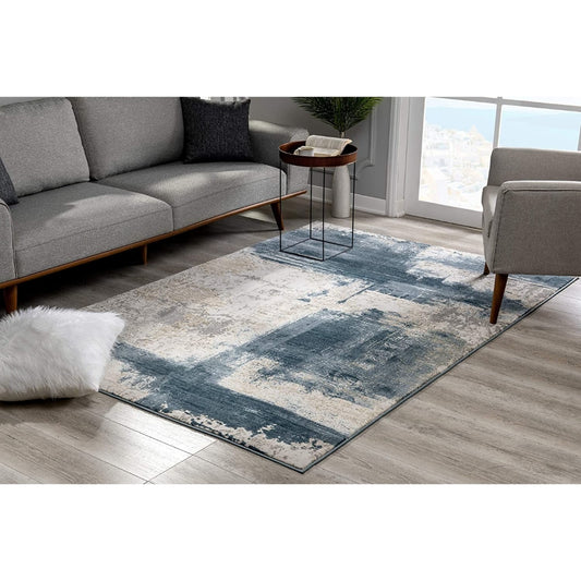HomeRoots 7 x 9 (ft) Olefin Cream Blue Rectangular Indoor Abstract Area rug