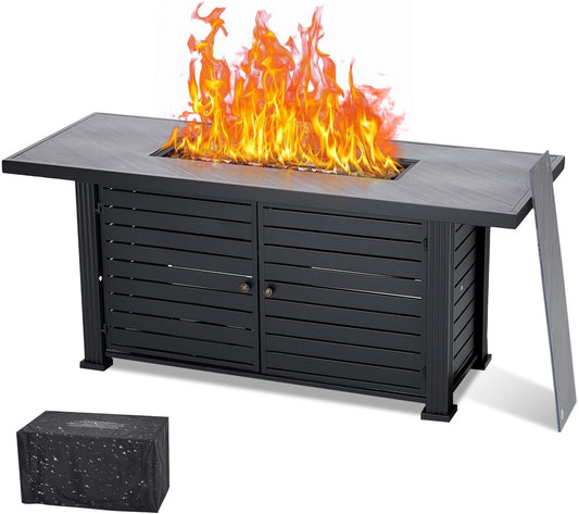 52" Propane Fire Pit Table, 50000Btu Fire Pit Table with Cover & Rain Cover, Fire Table with Sturdy Steel & Iron Fence Surface, CS-A Safety Certified, for Outdoor,Garden