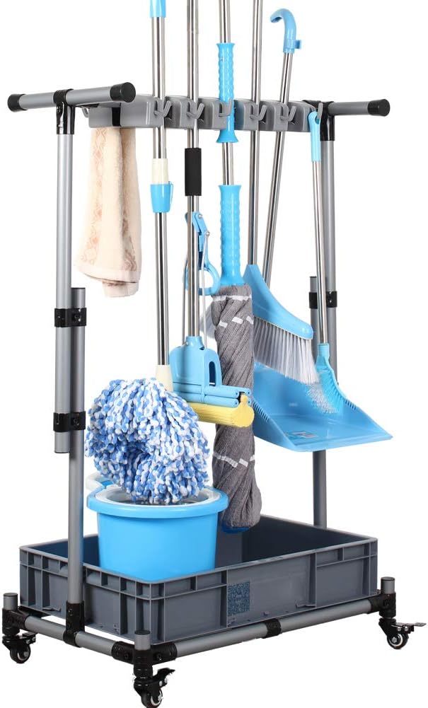 QTJH Broom And Mop Holder Put Wet Movable Floor-Mounted Mop Rack Floor Standing Cleaning Tool Cart Storage For Garden Garage Schools, Hospitals, Factories, Hotels,Property Companies