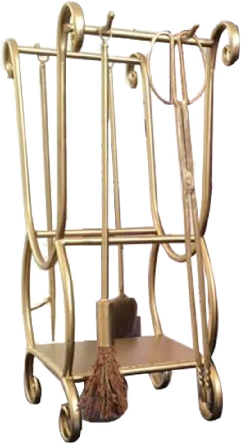 Heavy Duty 5 Pieces Metal Soild Iron Fire Pit Fireside Stand with Tongs Shovel Antique Brush Poker, Gold Fireplace Tools Sets and Firewood Log Racks