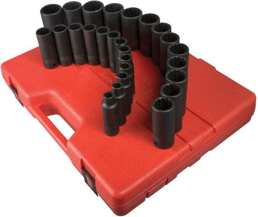 SUNEX TOOLS 2827 1/2-Inch Drive 12-Point Metric Deep Impact Socket Set, 26-Piece
