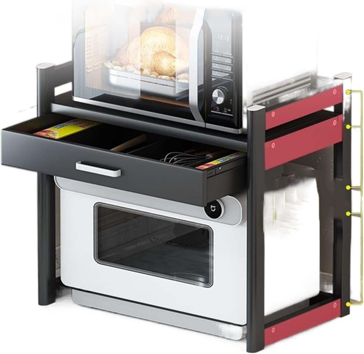 GRFIT Kitchen Storage Cabinets Space Aluminum Kitchen Microwave Storage Rack, Stove Top, Air Fryer, Small Household Appliance Storage Rack with Drawers, Double Layer Kitchen Shelves (Color : Brass)