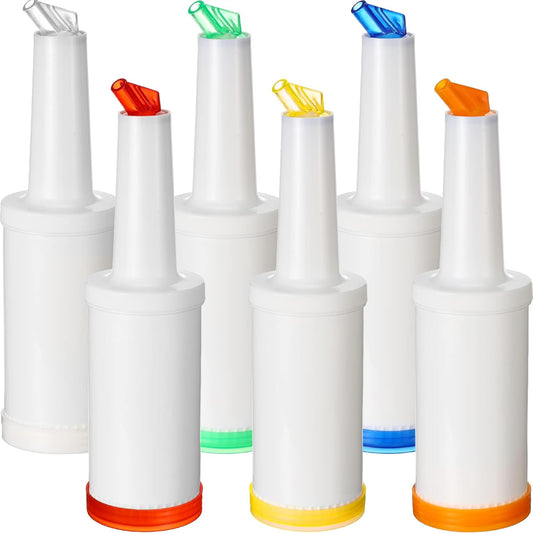 CHENGU 6 Pcs Bar Pour Colorful Juice Pouring Bottle Containers 34 oz Plastic Juice Dispensers for Bar Home Party Kitchen Supplies (White,Orange,Red,Yellow,Blue,Green)