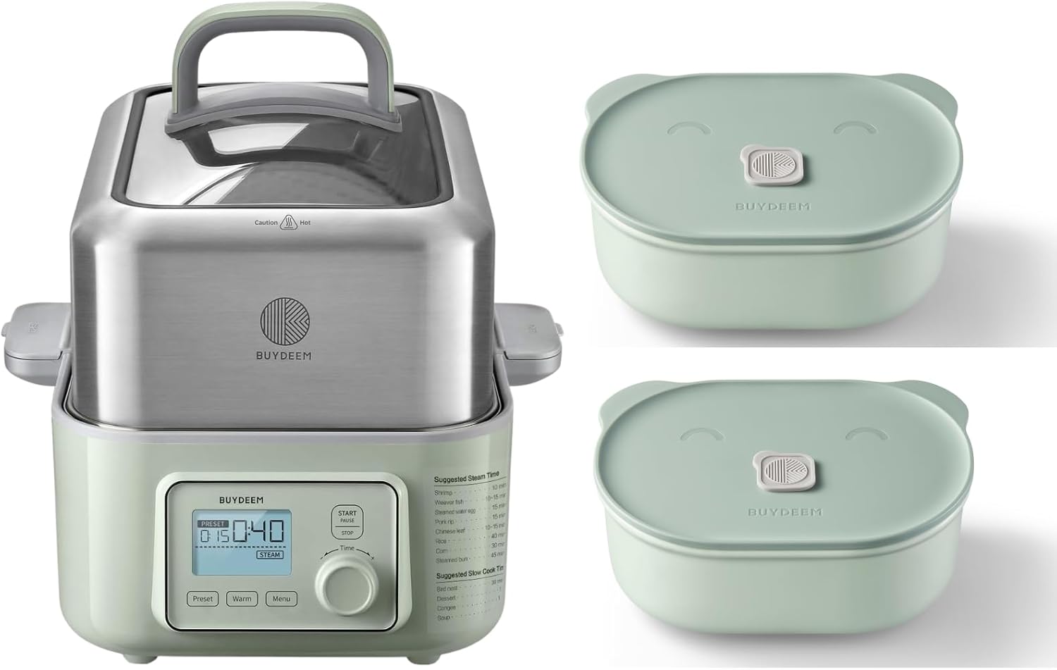 BUYDEEM G553 5-Quart Electric Food Steamer with Two Ceramic Food Storage Container 17oz Cozy Greenish, One Touch Vegetable Steamer, Digital Multifunctional Steamer, No Stew Pots Included