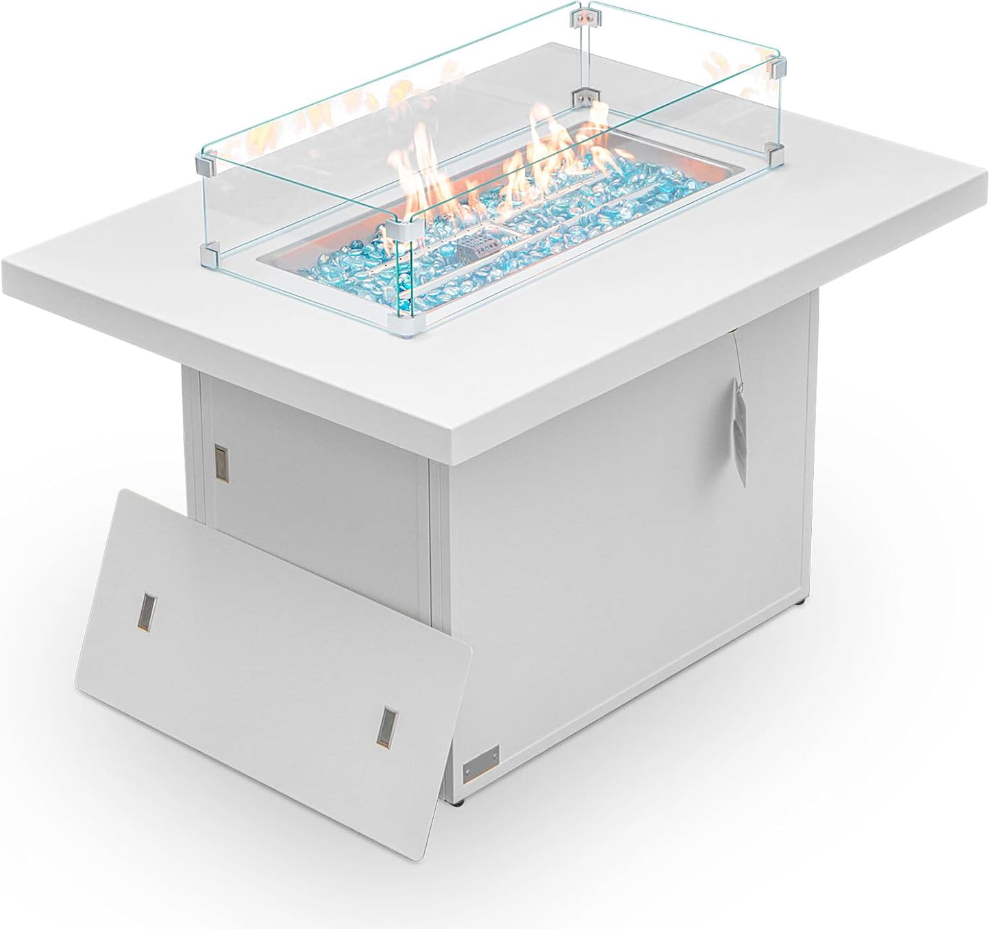 BULEXYARD 43" Aluminum Outdoor Propane Fire Pit Table, 60,000 BTU Rectangular Firepit Coffee Table with Wind Guard & Glass Stone, Large CSA Safety Approved Fireplace for Backyard Deck Garden, White