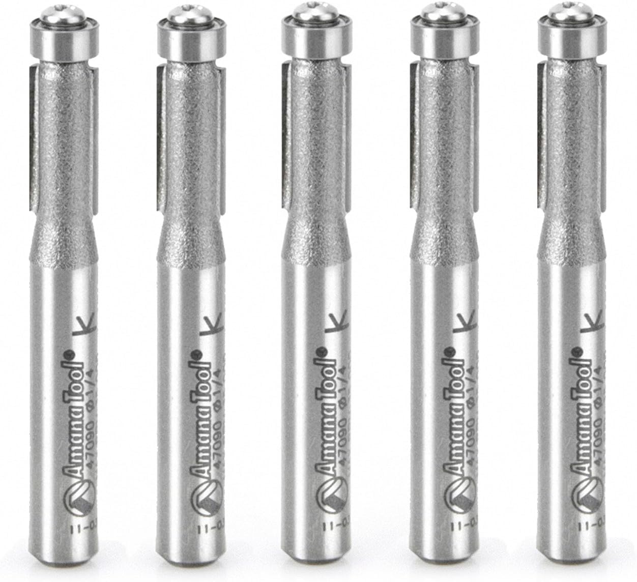 Amana Tool 47090-5 5-Pack Carbide Tipped Flush Trim 1/4 D x 1/2 CH x 1/4 Inch SHK x 2-1/4 Inch Long Router Bits w/Lower Ball Bearing