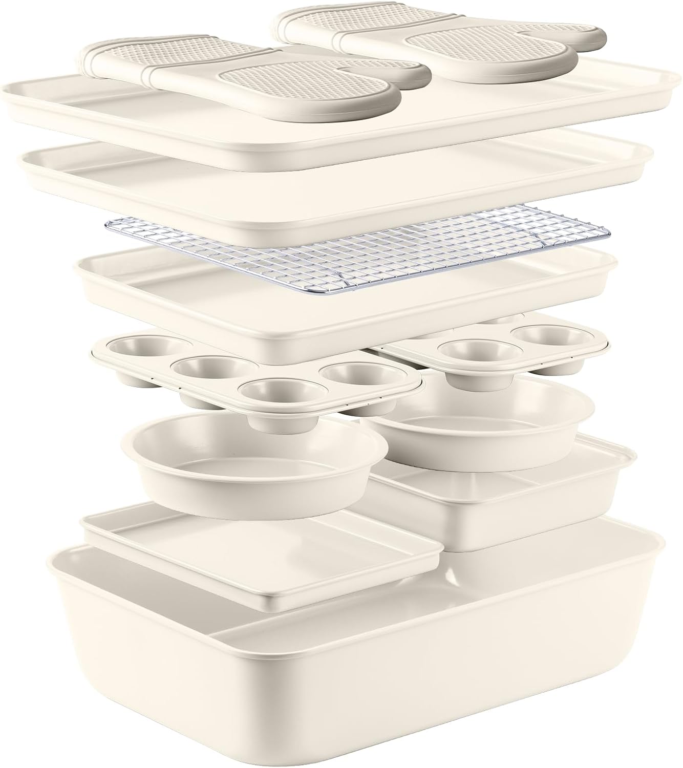 Country Kitchen Nonstick Stackable Bakeware Set - Durable, Easy Release Baking Set, Cream, 13 Pcs