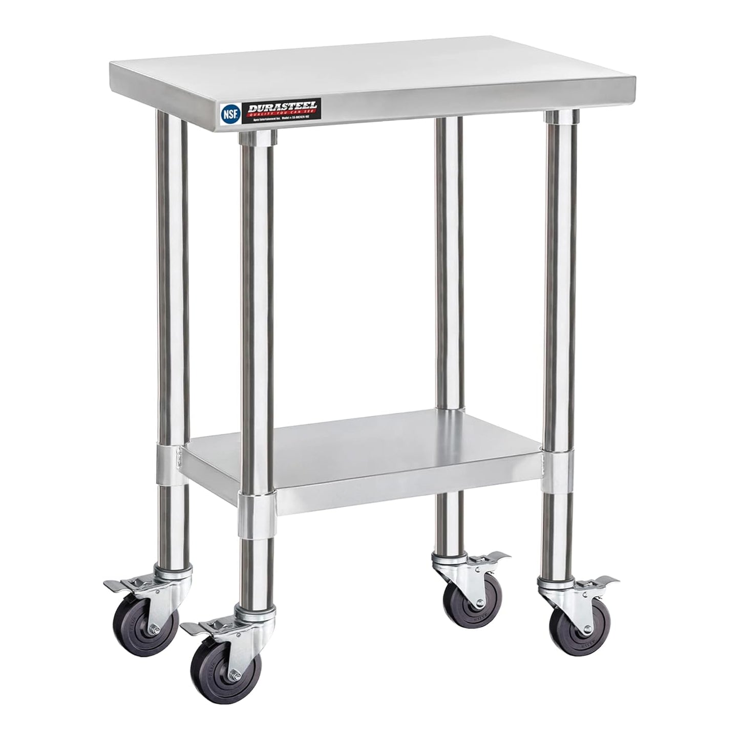 DuraSteel 24x18 NSF Stainless Steel Cart - Heavy Duty Rolling Food Prep Table with Undershelf - Metal Utility Cart for Commercial Restaurant Kitchen, Laundry, Side Mixer Stand