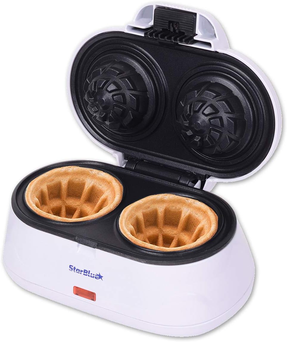 Double Waffle Bowl Maker by StarBlue - White - Make bowl shapes Belgian waffles in minutes | Best for serving ice cream and fruit | Gift ideas 110V 50/60Hz 1200W