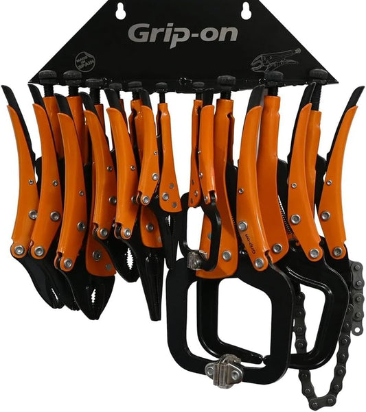 Grip-On 10 Piece Essential Locking Pliers and Clamp Set | Straight & Curved Jaws, Long Nose, Wire Cutter & C-Clamps | Premium Welding Pliers & Sheet Metal Tools with Storage Rack