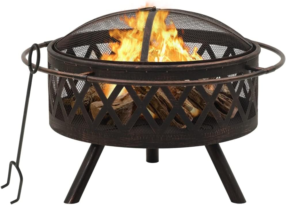 Rustic Fire Pit with Poker, 29.9" XXL Steel Outdoor Heater, Large Deep Bowl Design for Patio Garden, Spark Screen Cover, Log Rearranging Tool Included