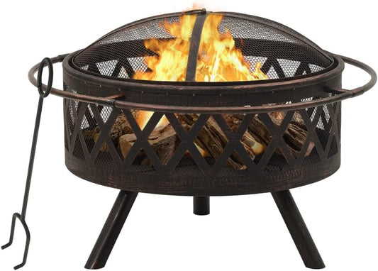 Rustic Fire Pit with Poker, 29.9" XXL Steel Outdoor Heater, Large Deep Bowl Design for Patio Garden, Spark Screen Cover, Log Rearranging Tool Included